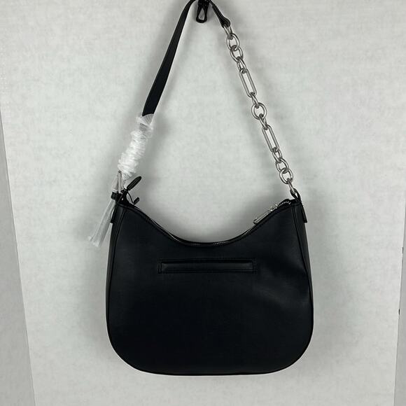 French Connection Elena Moon Shape Shoulder Bag Black Studs Silvertone Zip Close - Picture 5 of 11